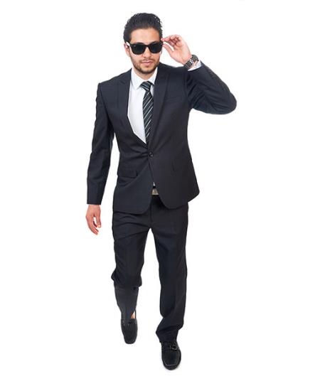 Men 1 Button Peak Lapel Textured Suit Flat Front Pant Slim Fit Black