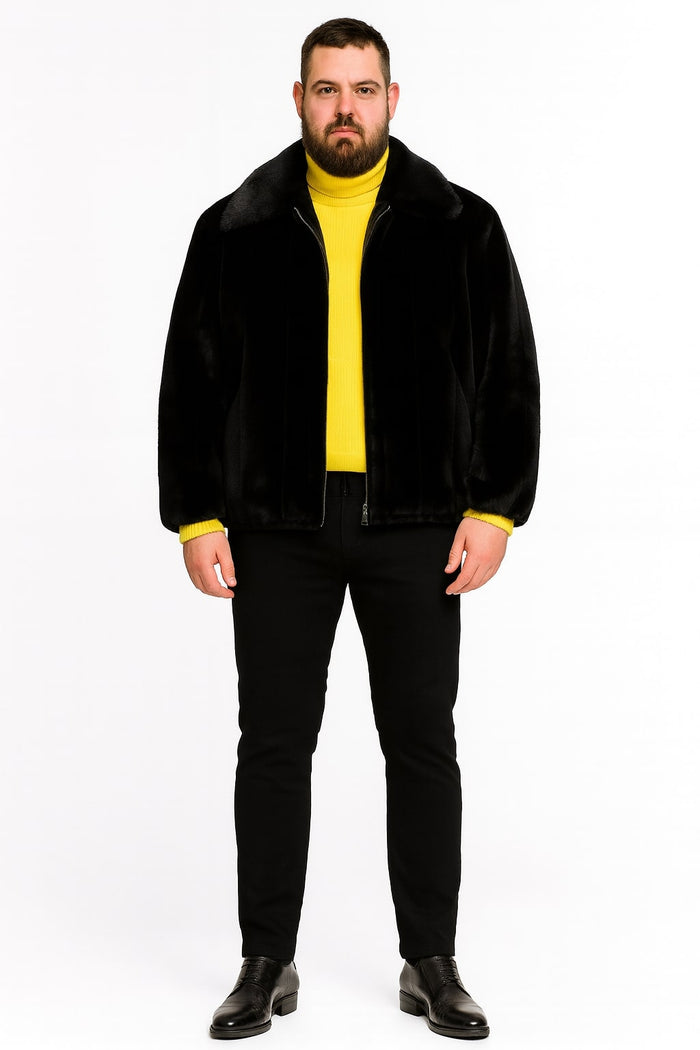 Mens Black Faux Fur Jacket  Luxury Winter Zip-Up Coat with Soft Plush Finish