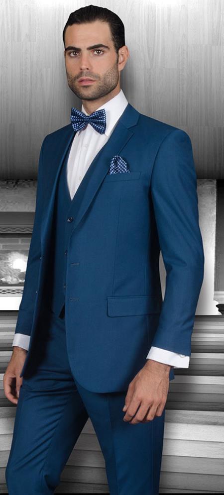 Men'S Slim Fit Suits Three Piece Cobalt ~ Indigo ~ Bright Blue ~ Teal ~ Slate Blue Vested Suit