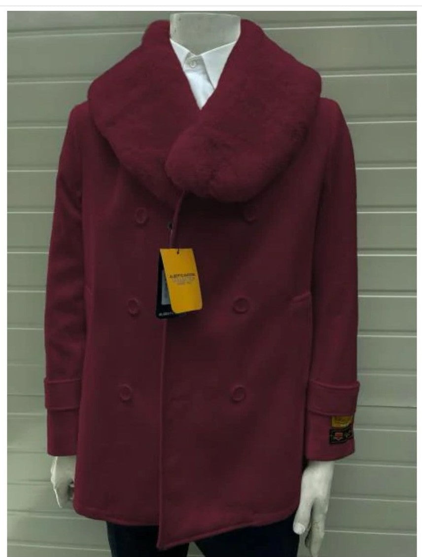 Mens Burgundy Double-Breasted Overcoat with Faux Fur Shawl Collar  Alberto Nardoni Signature