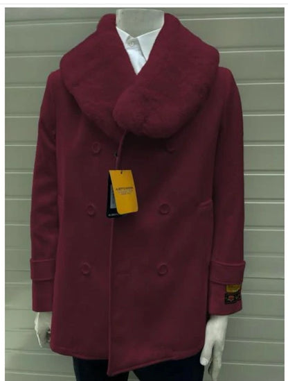 Mens Burgundy Double-Breasted Overcoat with Faux Fur Shawl Collar  Alberto Nardoni Signature