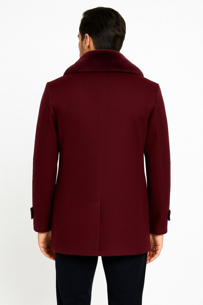 Mens Burgundy Double-Breasted Overcoat with Faux Fur Shawl Collar  Alberto Nardoni Signature