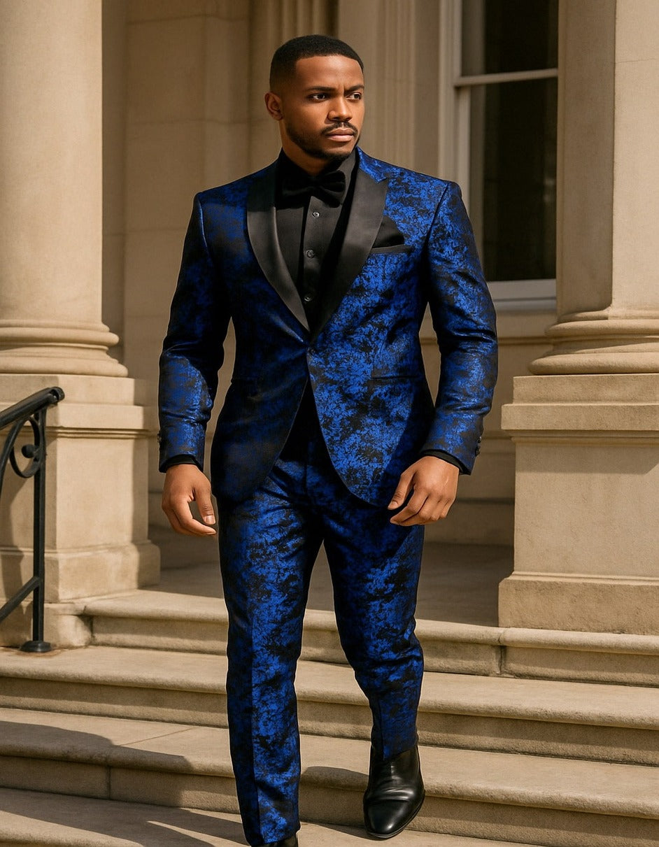 Men’s Royal Blue and Black Floral Tuxedo Suit – Slim Fit 2 Piece Formal Outfit with Matching Bow Tie