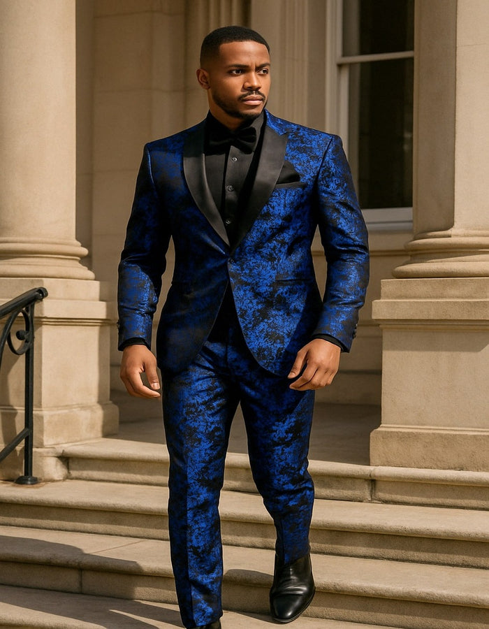 Men's Royal Blue and Black Floral Tuxedo Suit - Slim Fit 2 Piece Formal Outfit with Matching Bow Tie