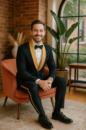 Men's Black and Gold Shawl Lapel Tuxedo with Jacquard Texture  Wedding & Prom Suit