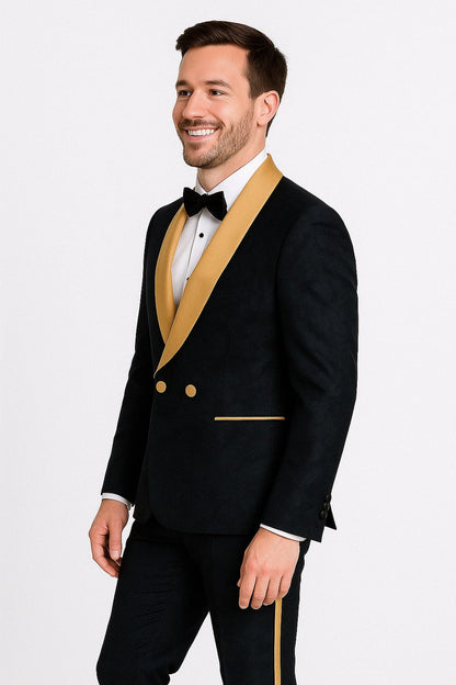 Men's Black and Gold Shawl Lapel Tuxedo with Jacquard Texture  Wedding & Prom Suit