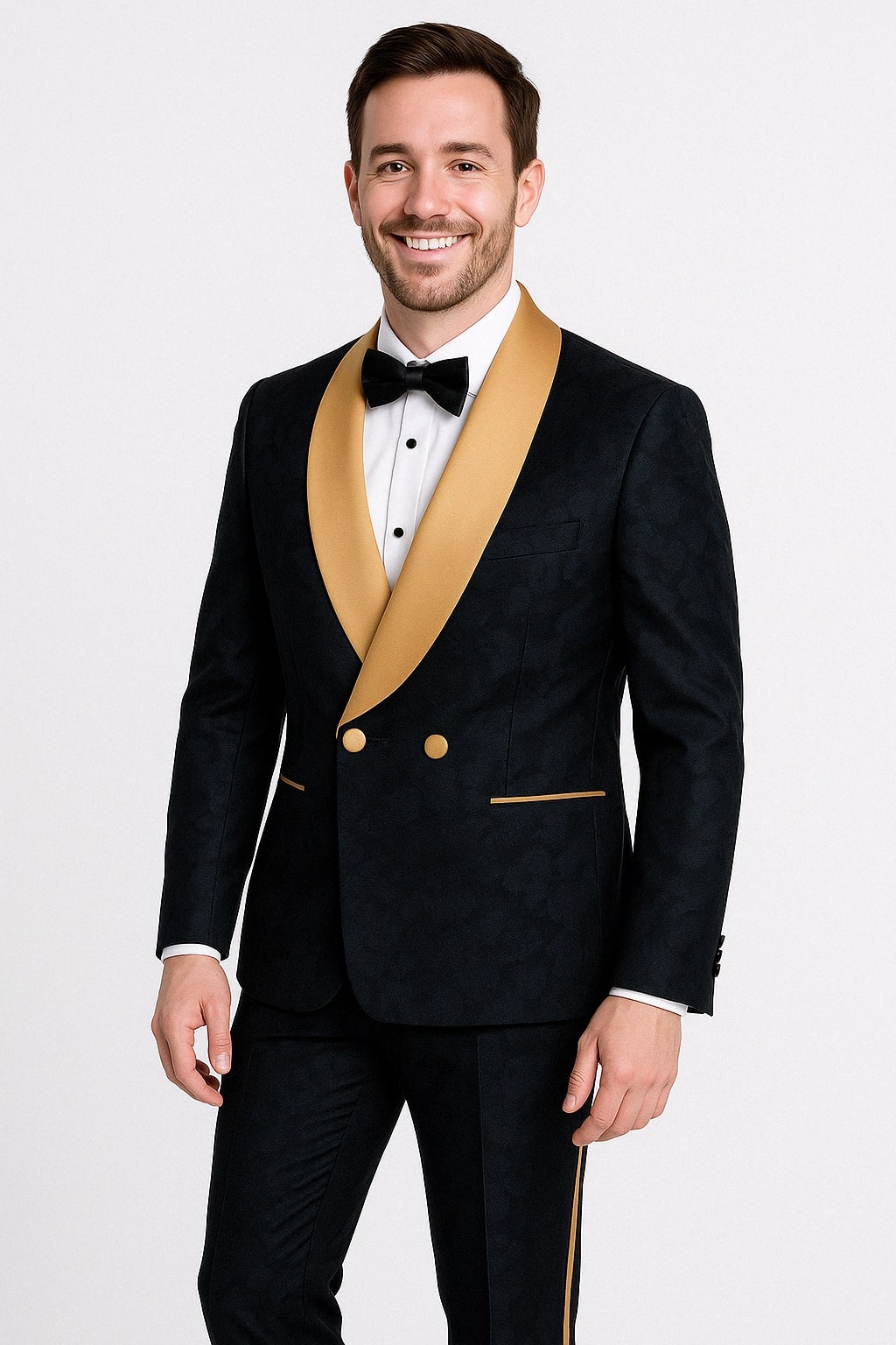 Men's Black and Gold Shawl Lapel Tuxedo with Jacquard Texture  Wedding & Prom Suit