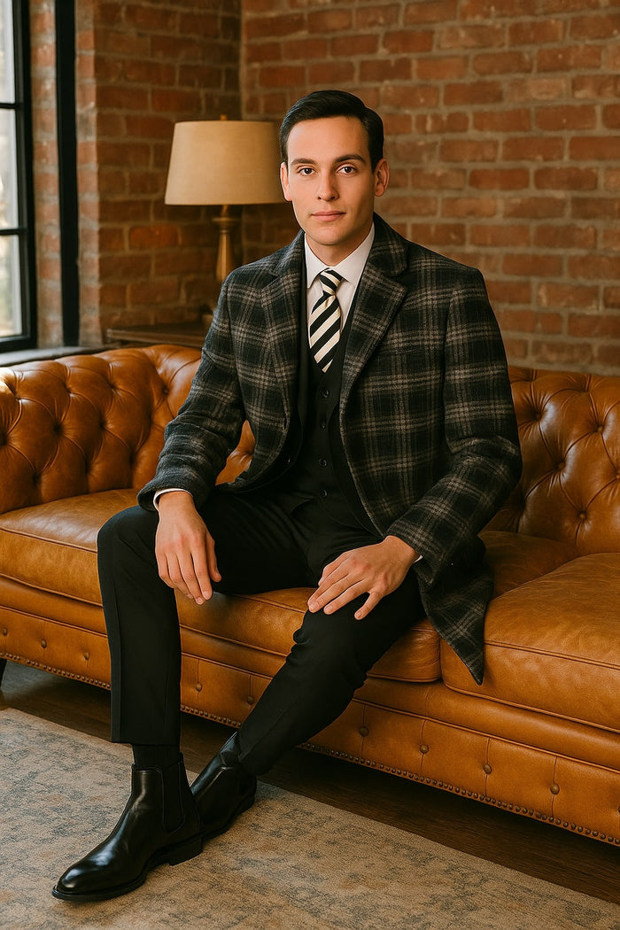 Men's Black and White Windowpane Plaid Overcoat  Classic Full Length Wool Blend Dress Coat