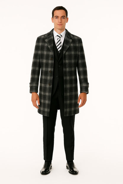 Men's Black and White Windowpane Plaid Overcoat  Classic Full Length Wool Blend Dress Coat