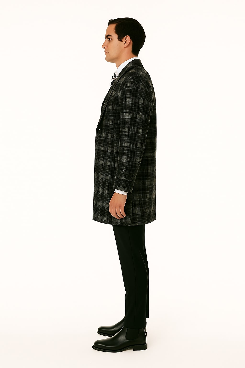 Men's Black and White Windowpane Plaid Overcoat  Classic Full Length Wool Blend Dress Coat