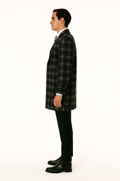 Men's Black and White Windowpane Plaid Overcoat  Classic Full Length Wool Blend Dress Coat