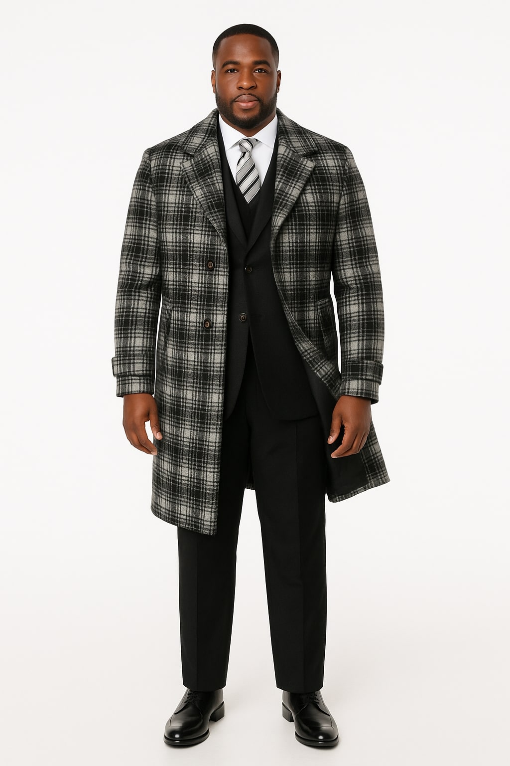 Men's Black and White Windowpane Plaid Overcoat  Classic Full Length Wool Blend Dress Coat