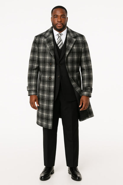 Men's Black and White Windowpane Plaid Overcoat  Classic Full Length Wool Blend Dress Coat