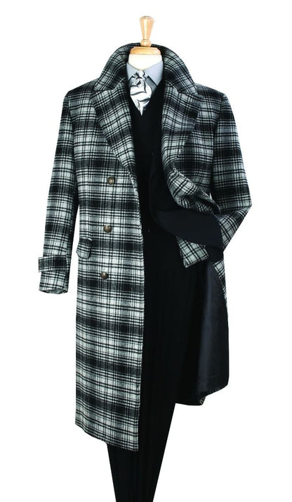 Men's Black and White Windowpane Plaid Overcoat  Classic Full Length Wool Blend Dress Coat