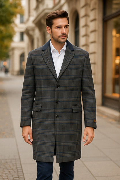 Mens Blue and Grey Glen Plaid Wool Overcoat  Classic Long Winter Coat - Chesterfield Blue Collar