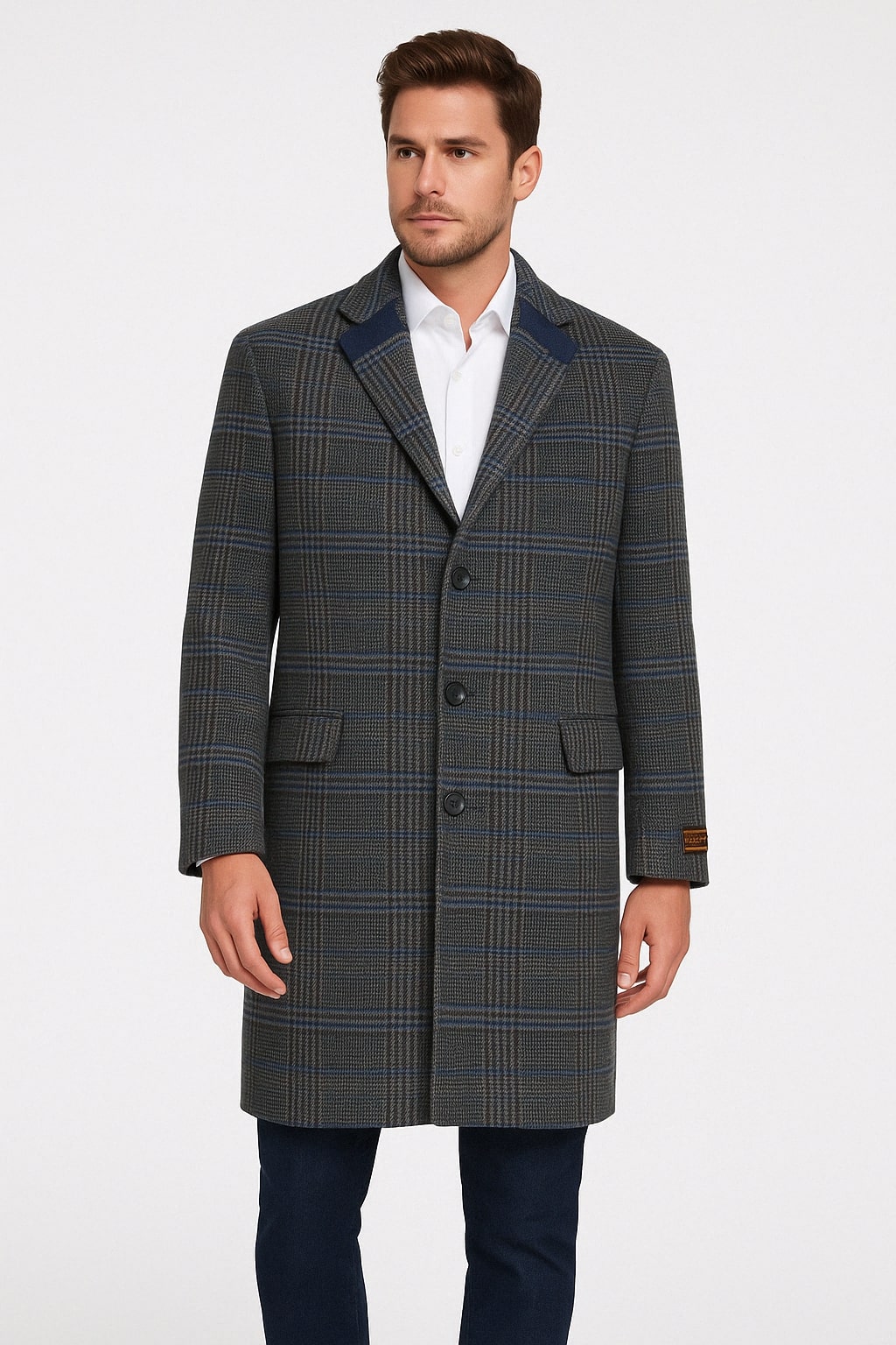 Mens Blue and Grey Glen Plaid Wool Overcoat  Classic Long Winter Coat - Chesterfield Blue Collar
