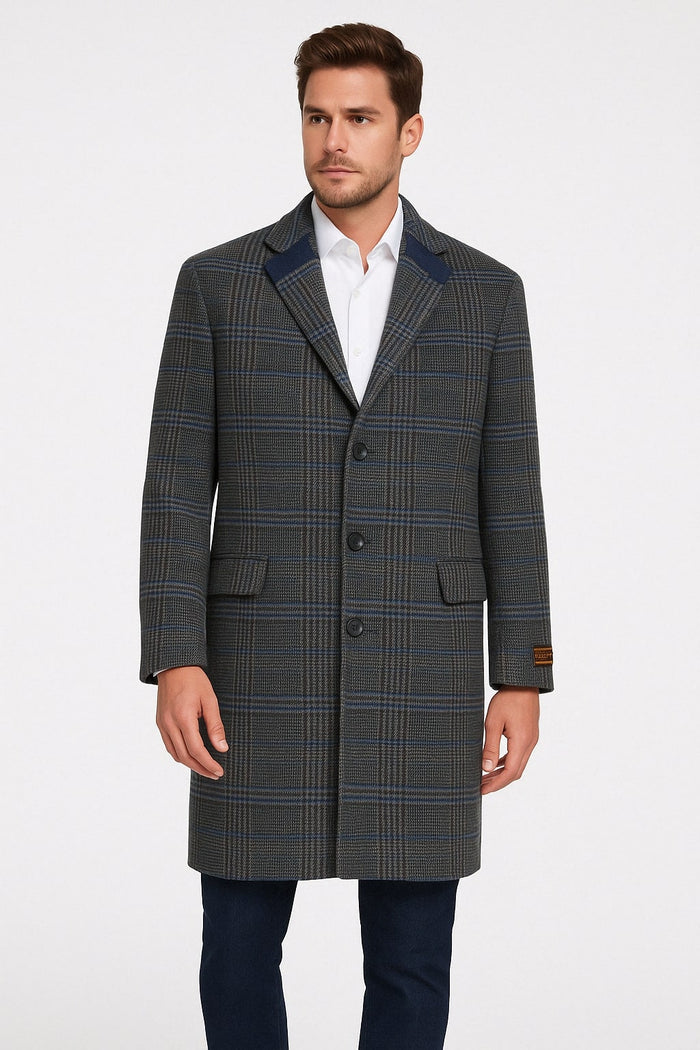 Mens Blue and Grey Glen Plaid Wool Overcoat  Classic Long Winter Coat - Chesterfield Blue Collar