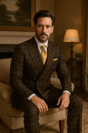 Men's Brown Plaid Double-Breasted Wool Suit  Classic Windowpane Two-Piece Formal Suit By Rossiman