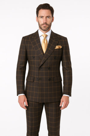 Men's Brown Plaid Double-Breasted Wool Suit  Classic Windowpane Two-Piece Formal Suit By Rossiman