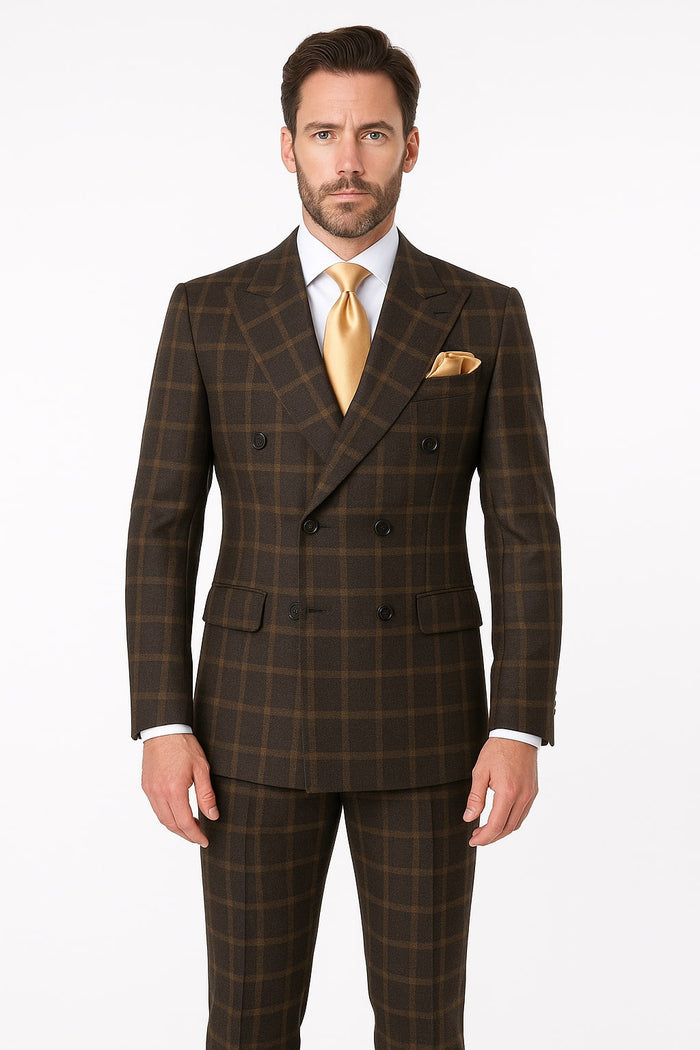 Mens Black Windowpane Wool Overcoat  Classic Long Checkered Coat Checkered Plaid Pattern