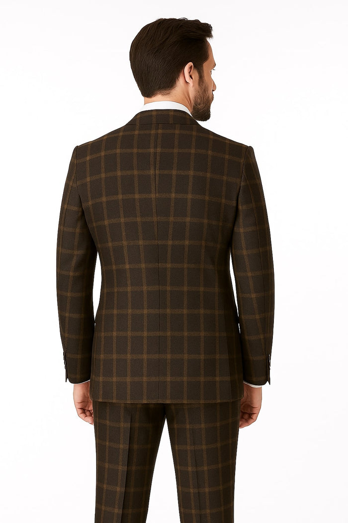Mens Black Windowpane Wool Overcoat  Classic Long Checkered Coat Checkered Plaid Pattern