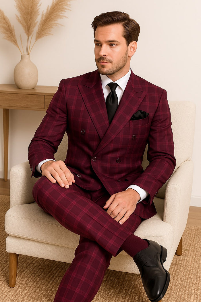 Burgundy Plaid Suit for Men ?? Rossiman Double-Breasted Windowpane Two-Piece