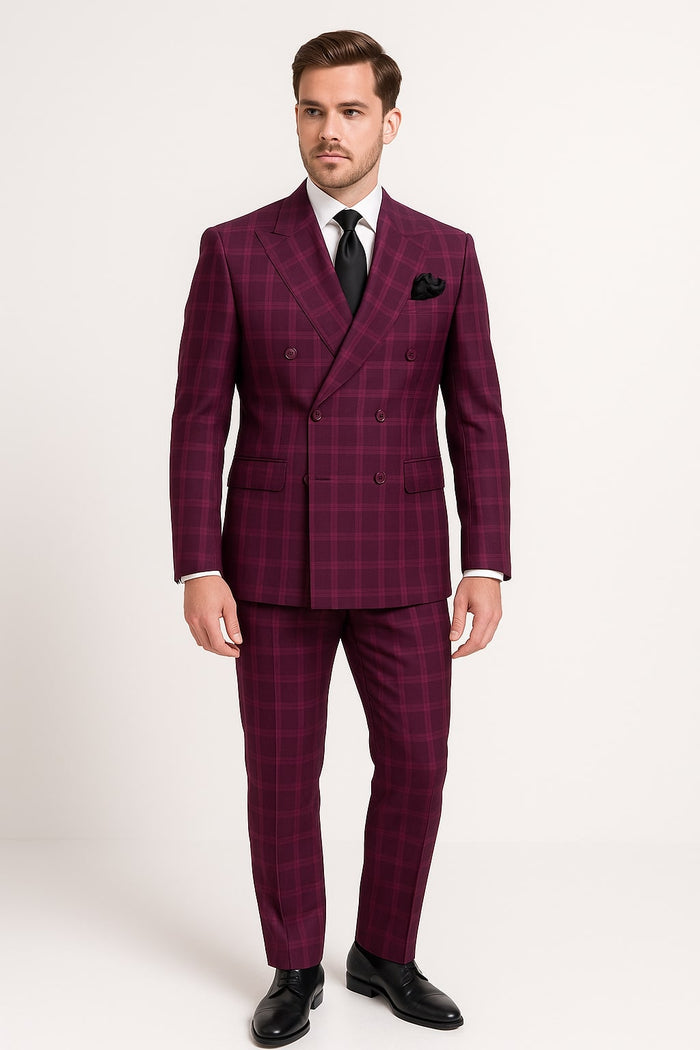 Burgundy Plaid Suit for Men ?? Rossiman Double-Breasted Windowpane Two-Piece