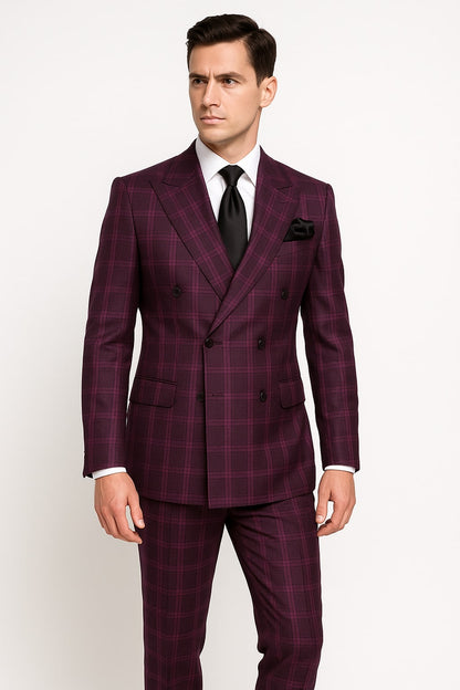 Men's Burgundy Plaid Double-Breasted Suit  Classic Windowpane Formal Two-Piece Suit By Rossiman
