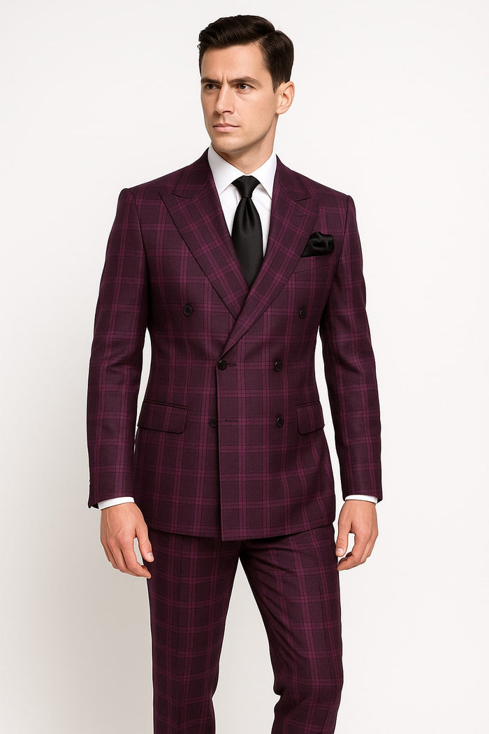 Men's Burgundy Plaid Double-Breasted Suit  Classic Windowpane Formal Two-Piece Suit By Rossiman
