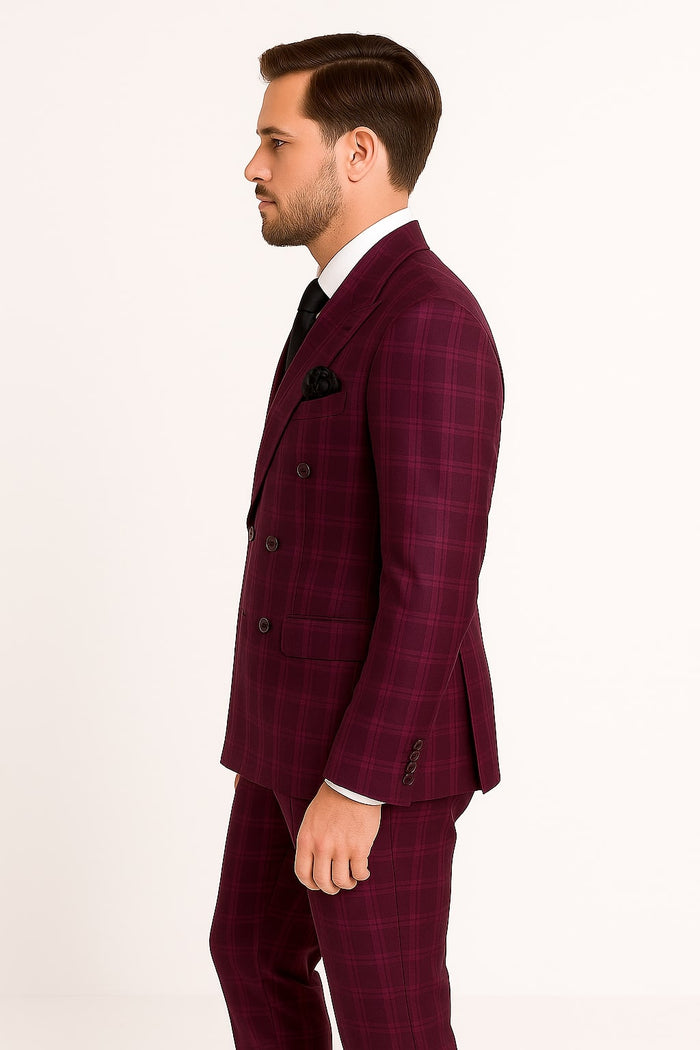 Burgundy Plaid Suit for Men ?? Rossiman Double-Breasted Windowpane Two-Piece