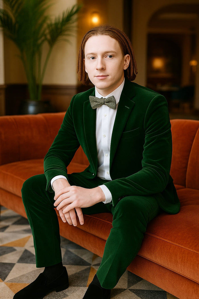 Mens Emerald Green Velvet Suits  Slim Fit Tuxedo for Weddings, Prom, and Red Carpet Events