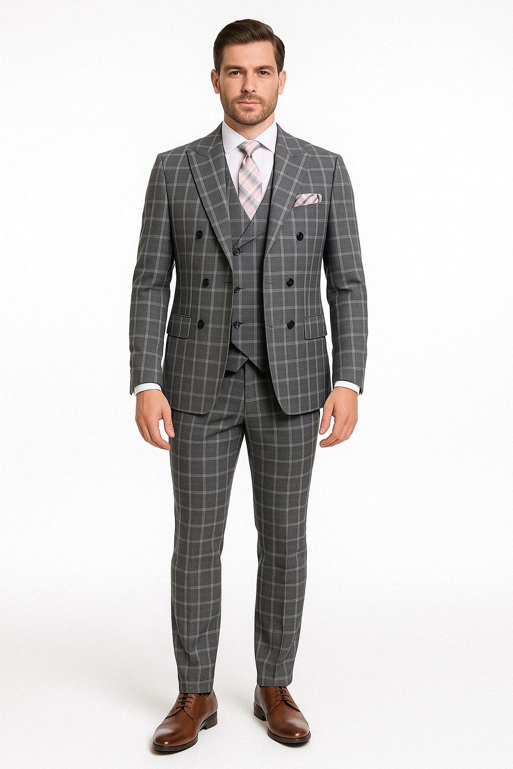 Mens Gray Checkered 3 Piece Double-Breasted Suit  Slim Fit Formal Outfit - Vested Glend Plaid Pattern Checkered