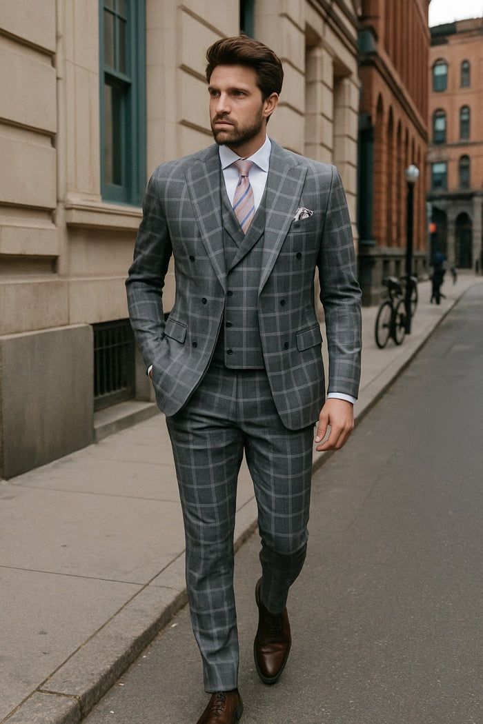 Mens Gray Checkered 3 Piece Double-Breasted Suit Slim Fit Formal Outfit - Vested Glend Plaid Pattern Checkered