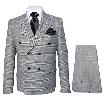 Men's Grey Glen Plaid Double-Breasted Suit  Classic Prince of Wales Check Two-Piece Set By Rossiman