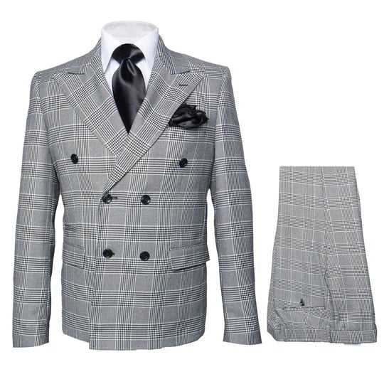 Men's Grey Glen Plaid Double-Breasted Suit  Classic Prince of Wales Check Two-Piece Set By Rossiman