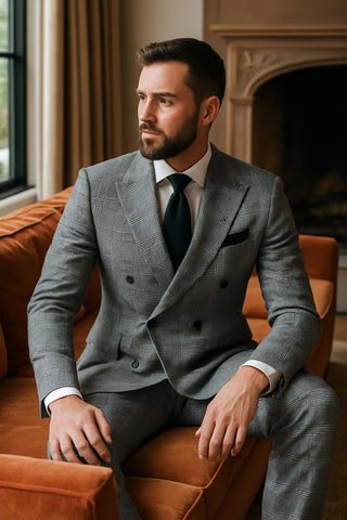 Grey Prince of Wales Check Suit ƒ?? Rossiman Glen Plaid Double-Breasted Two-Piece for Men