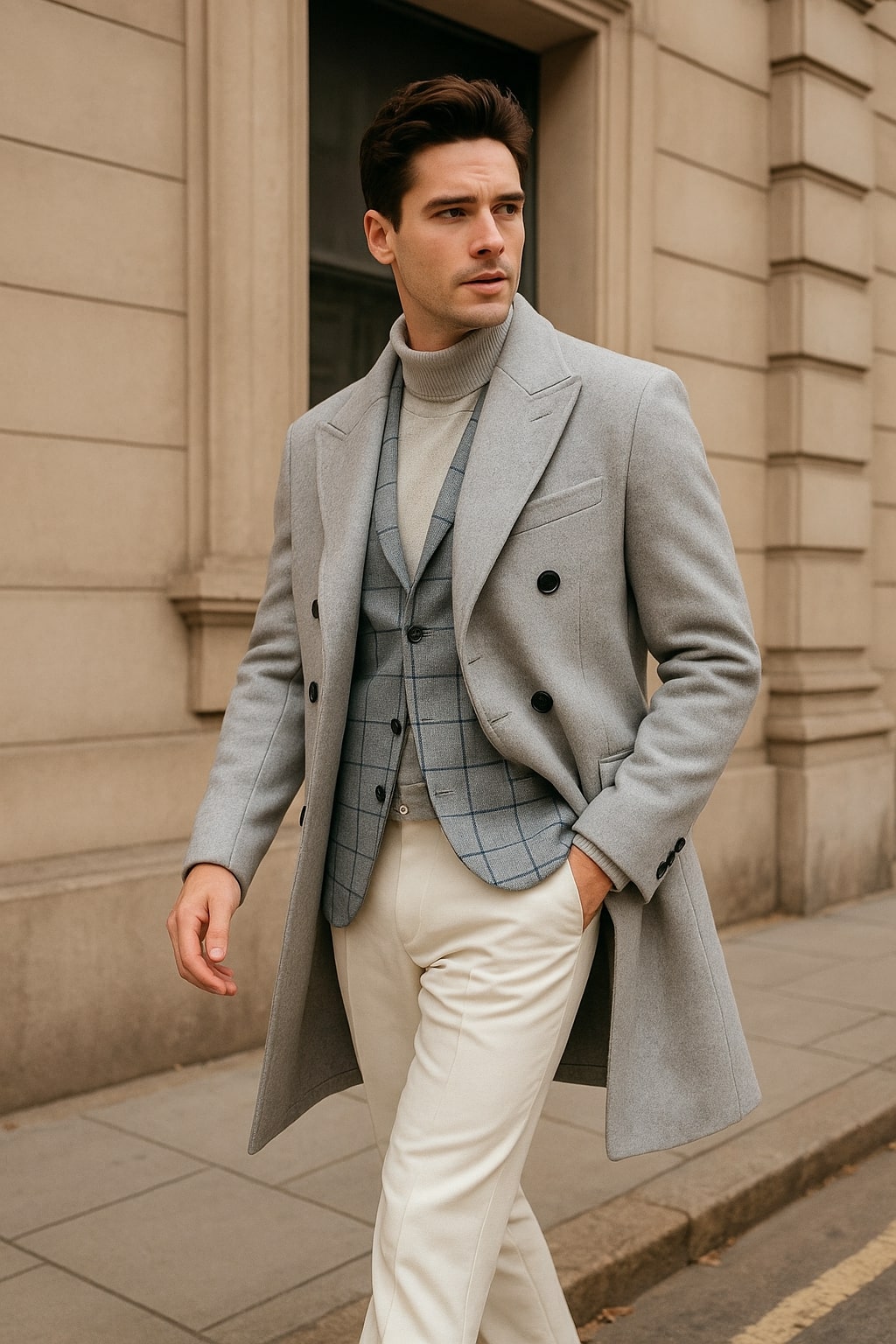 Men's Light Gray Double-Breasted Overcoat with Windowpane Vest  3-Piece Wool Fabric By Alberto Nardoni