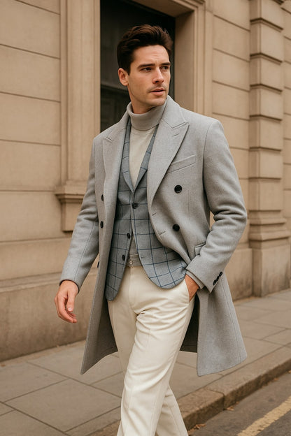Men's Light Gray Double-Breasted Overcoat with Windowpane Vest  3-Piece Wool Fabric By Alberto Nardoni