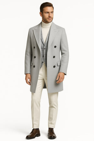 Men's Light Gray Double-Breasted Overcoat with Windowpane Vest  3-Piece Wool Fabric By Alberto Nardoni