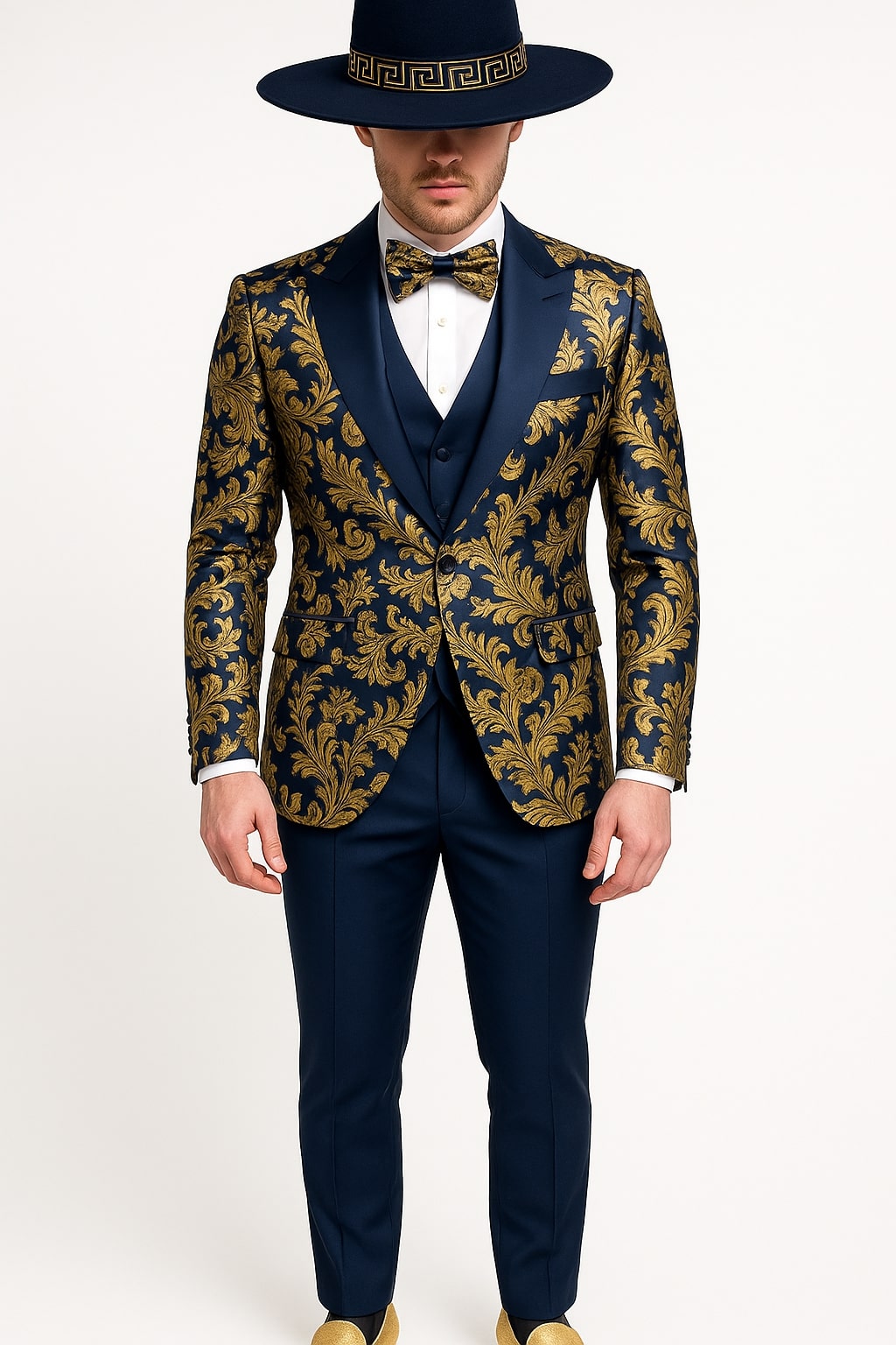 Men's Navy Blue and Gold Baroque Tuxedo Suit with Matching Vest and Bow Tie  Luxury Formalwear