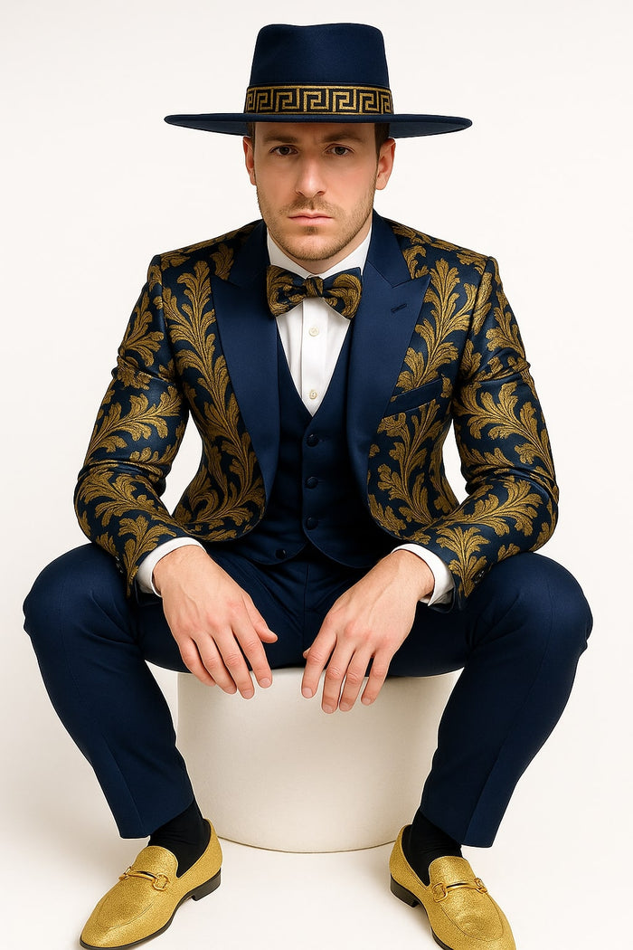 Men's Navy Blue and Gold Baroque Tuxedo Suit with Matching Vest and Bow Tie  Luxury Formalwear