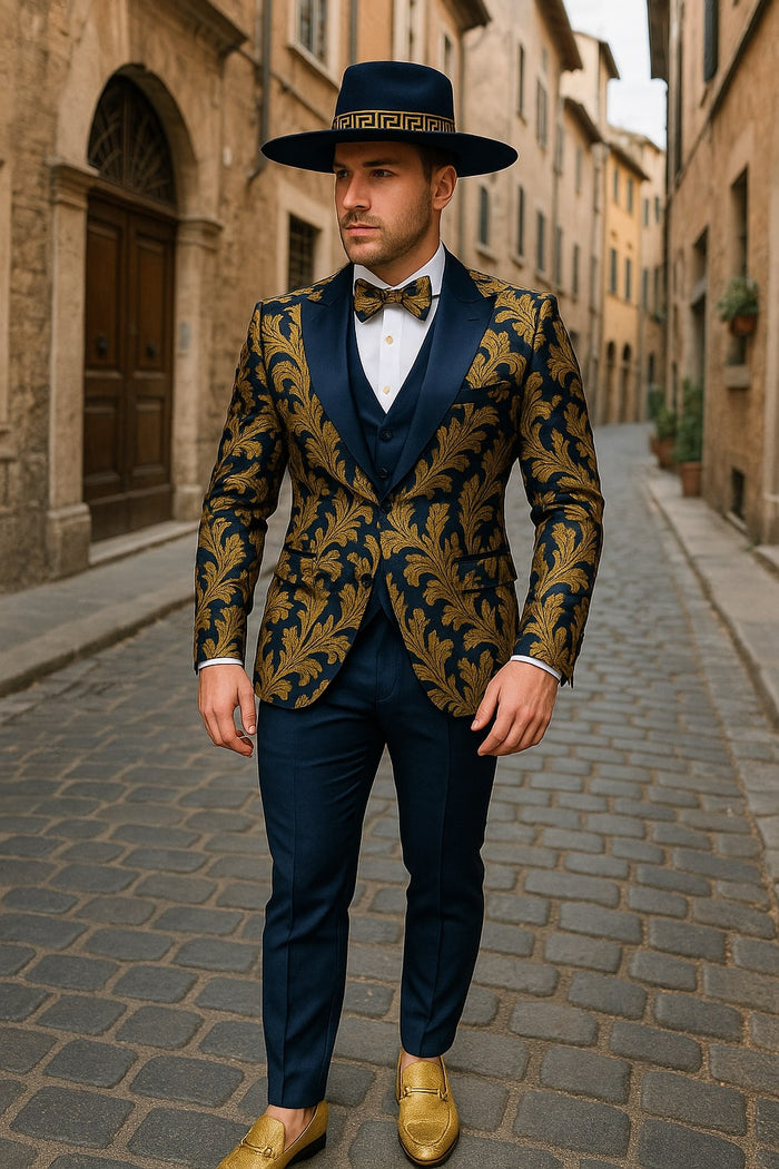 Men's Navy Blue and Gold Baroque Tuxedo Suit with Matching Vest and Bow Tie  Luxury Formalwear