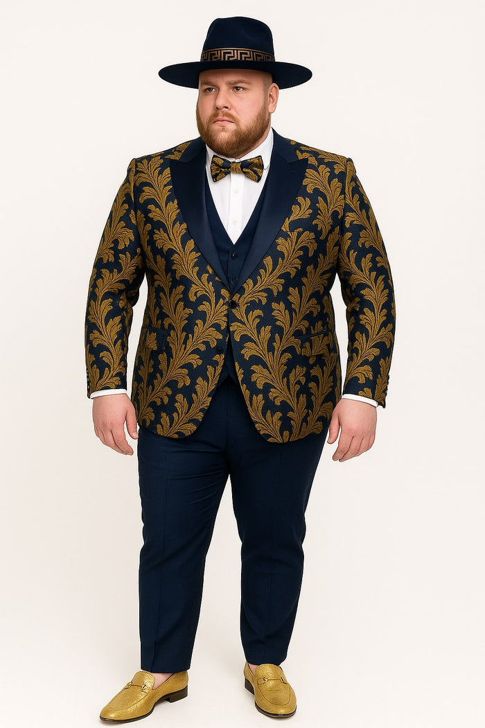 Men's Navy Blue and Gold Baroque Tuxedo Suit with Matching Vest and Bow Tie  Luxury Formalwear