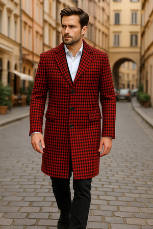 Mens Red and Black Houndstooth Overcoat  Classic Wool Long Coat - Christmas Tartan Coat