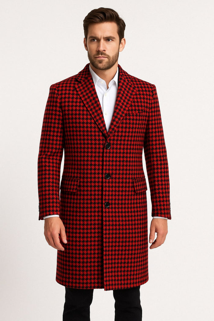 Mens Red and Black Houndstooth Overcoat  Classic Wool Long Coat - Christmas Tartan Coat