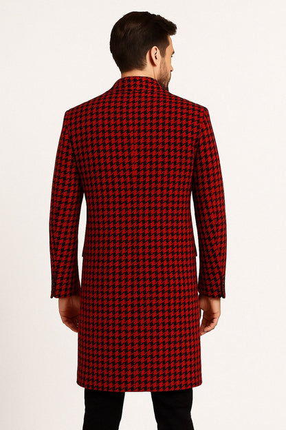 Mens Red and Black Houndstooth Overcoat  Classic Wool Long Coat - Christmas Tartan Coat