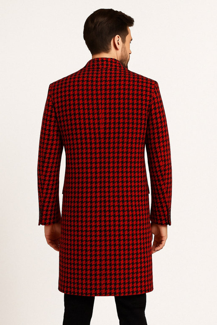 Mens Red and Black Houndstooth Overcoat  Classic Wool Long Coat - Christmas Tartan Coat