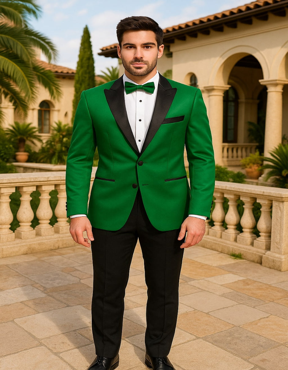 Men's Sateen Emerlad Green Tuxedo Jacket with Black Satin Lapel and Bow Tie  Slim Fit Prom and Party Blazer
