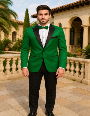 Men's Sateen Emerlad Green Tuxedo Jacket with Black Satin Lapel and Bow Tie  Slim Fit Prom and Party Blazer