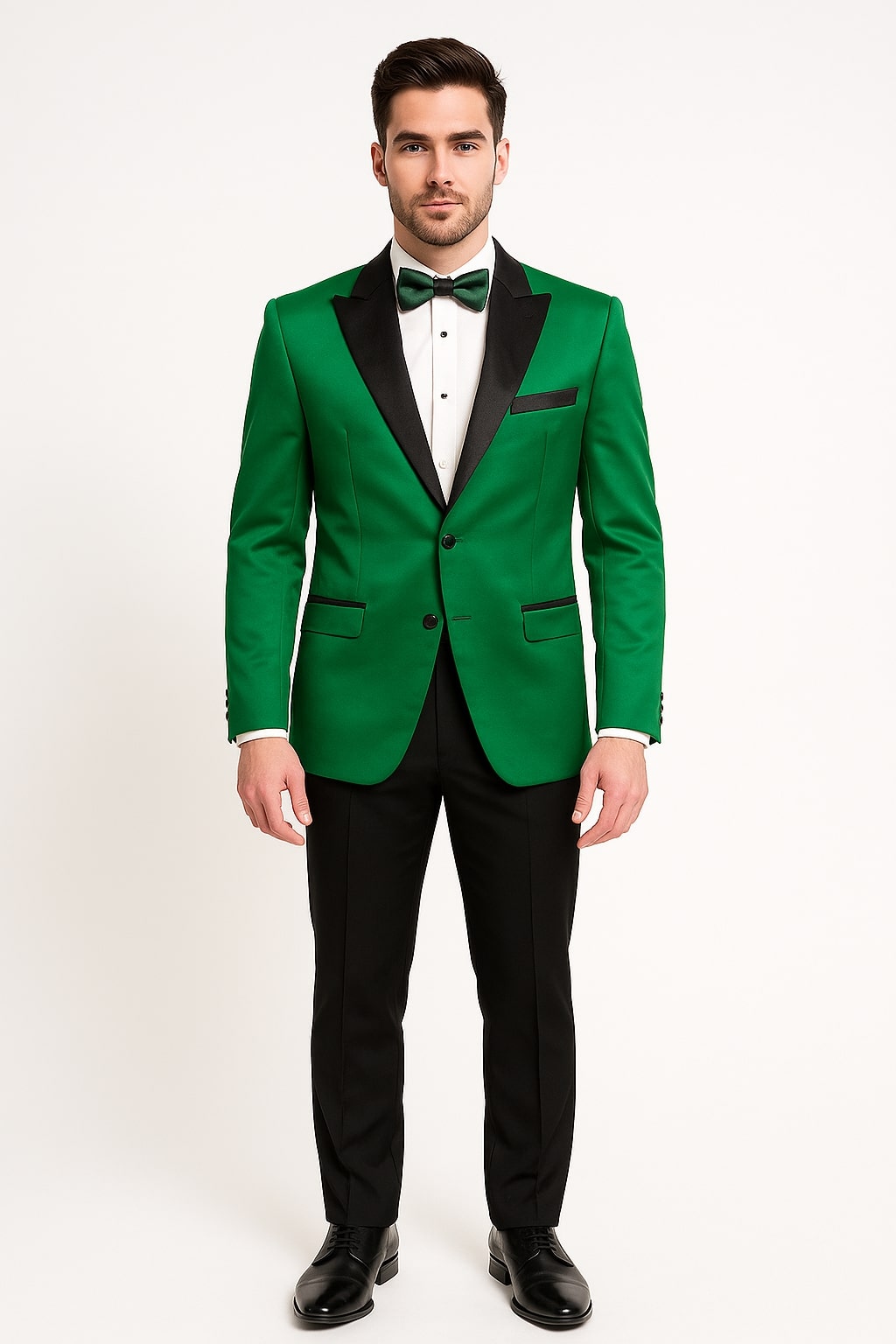 Men's Sateen Emerlad Green Tuxedo Jacket with Black Satin Lapel and Bow Tie  Slim Fit Prom and Party Blazer
